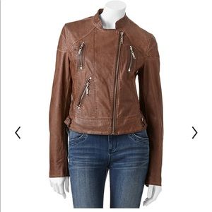 J2 Distressed Faux-Leather Moto Jacket Brown